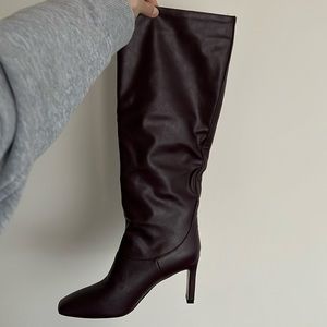 Burgundy knee high heeled boots, size 8